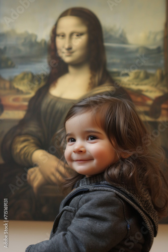 Photo of a toddler in front of the mona lisa painting.