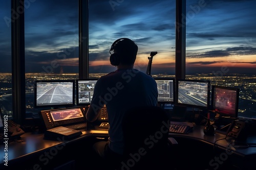 Sitting at his desk in the airport looking out the window