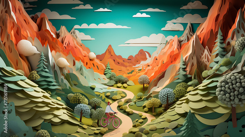 A whimsical world where paper cut out trees and mountains surround a cyclist 3D rendered photo