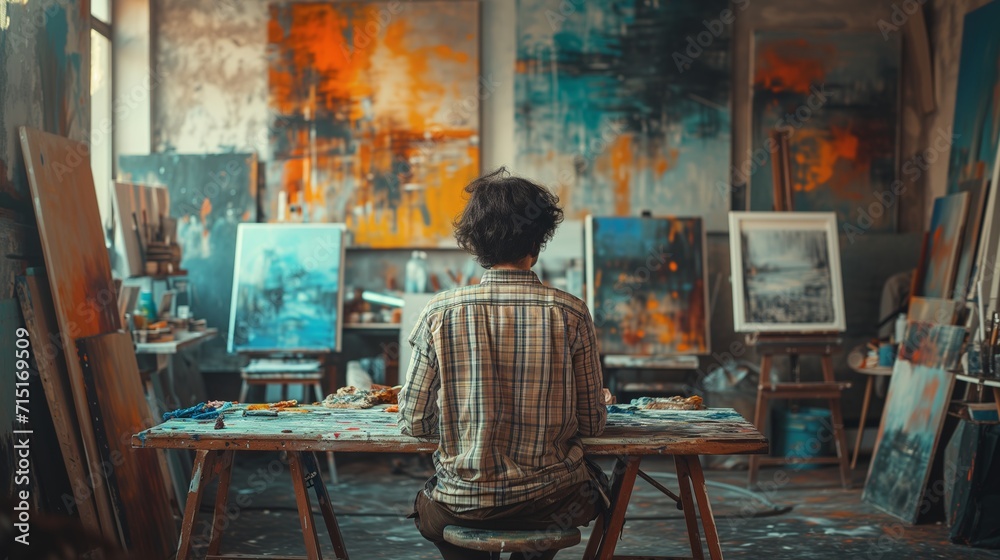 Back view man Artist painting artwork at workspace Back view man Artist painting artwork at workspace