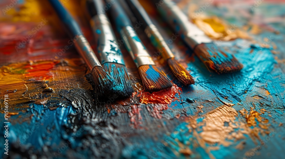 Fototapeta premium Artistic Tools Engaging visuals showcasing essential tools of the trade, including brushes, palette, and paints, embodying the artistic journey and creative process