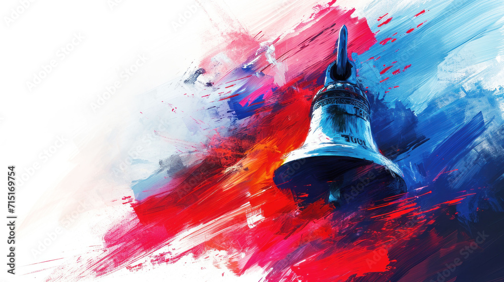 : A classic bell against an expressive backdrop of red and blue strokes, blending tradition with a modern artistic twist. - obrazy, fototapety, plakaty 