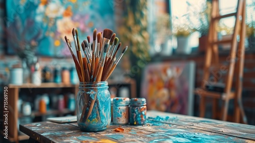 Artistic Tools Engaging visuals showcasing essential tools of the trade, including brushes, palette, and paints, embodying the artistic journey and creative process
