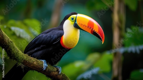 An upclose view of a colorful toucan perched in the canopy of a rainforest  a reminder of the vital role that birds play in seed dispersal and pollination within these biodiverse habitats.