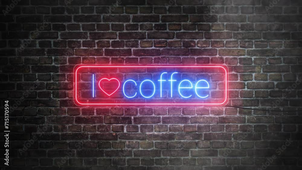 I love coffee neon signboard on bricks wall background. Luminous frame in red neon. I love coffee neon signboard on bricks wall background. Luminous frame in red neon.