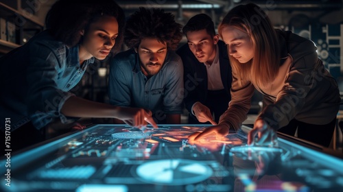 Diverse group of technology professionals deeply engaged in analyzing complex data on an illuminated, interactive touchscreen table. 