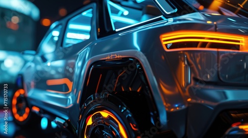 A techsavvy silver SUV with neon orange brake lights and neon blue interior stitching