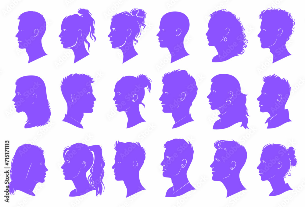 Vector simple silhouettes or icons of many people, woman and man facing each other relationship, conversation, gender