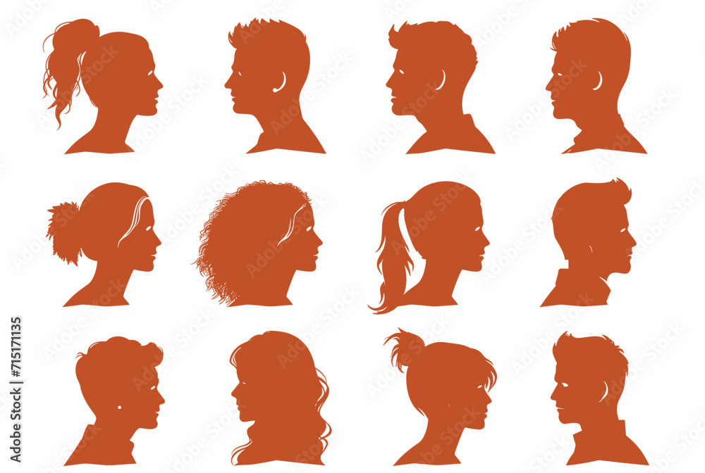 Vector simple silhouettes or icons of many people, woman and man facing each other relationship, conversation, gender