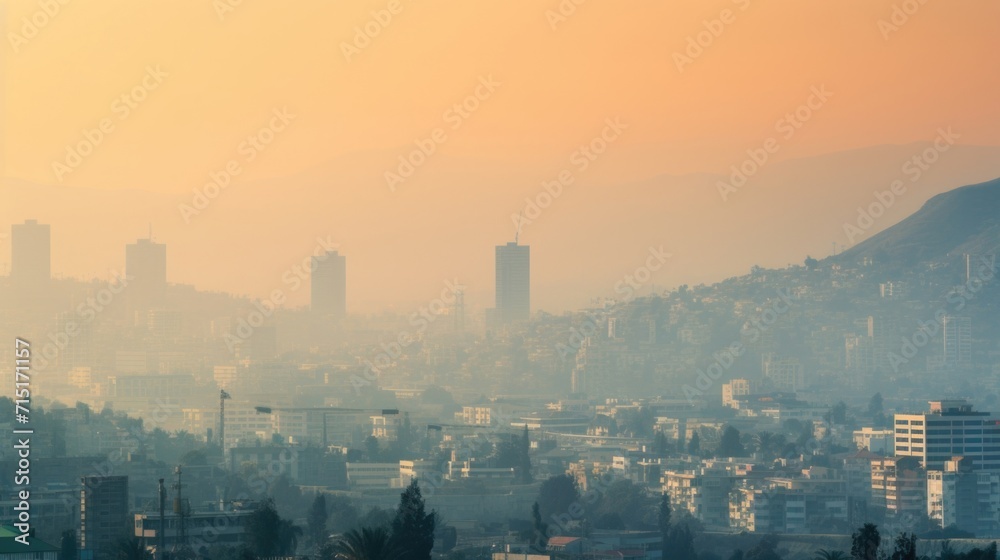 The smog hangs low over the city, obscuring buildings and monuments in a blanket of pollution.