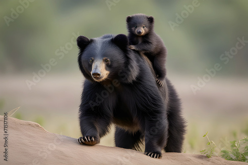 sloth bear cub riding on mothers back