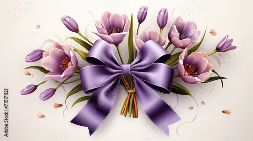 violet tulips with ribbon on white background. Web banner with copy space.