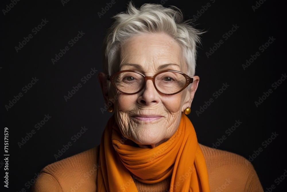 Portrait of senior woman wearing glasses and orange scarf on black background Portrait of senior woman wearing glasses and orange scarf on black background