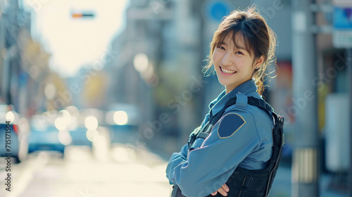 A korean woman police with smile expression in street city background