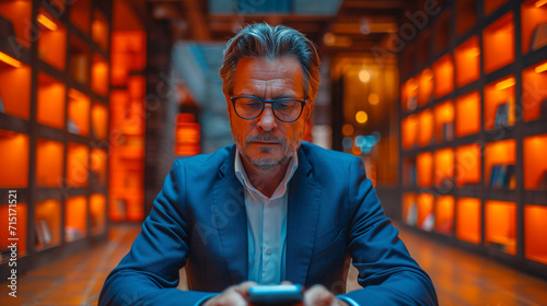 Asian Male business executive in a blue suit looking at his cellphone - texting - deep in thought - serious expression - stylish fashion - leader - planning