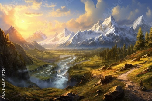 Stunning scenic vista showcasing the majestic mountains and arpachay. Generative AI