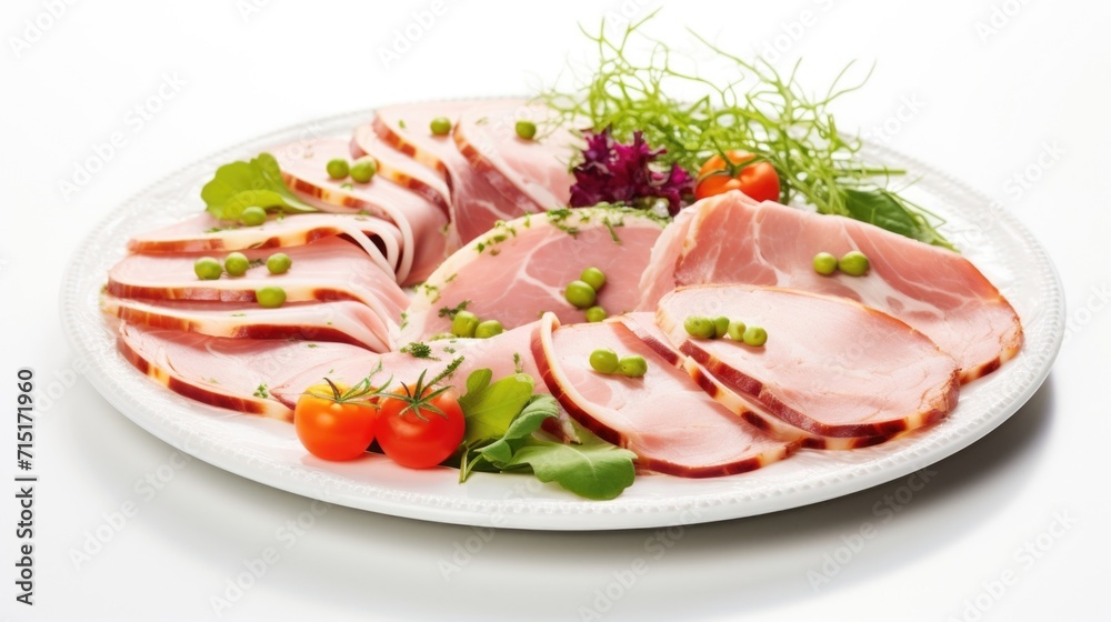 An exquisite display of ham medallions, skillfully arranged and garnished with vibrant herbs and es, creating an inviting symphony of aromas that captivate the senses.