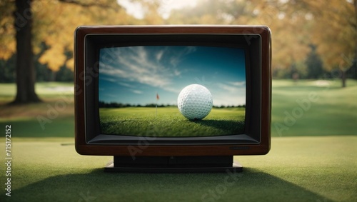 Golf ball on a retro TV screen. Minimal abstract sport and competition concept. With copy space. photo