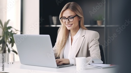 portrait of beautiful cheerful business woman smiling while working with laptop, computer.