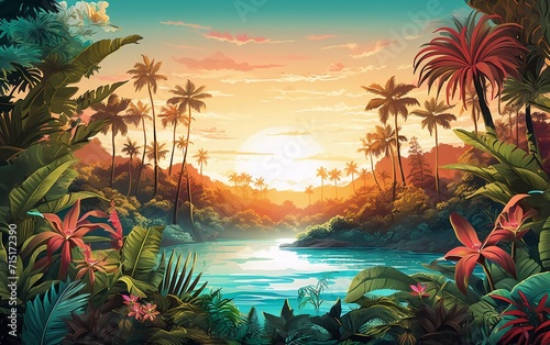 vector illustration Landscape mural art design, trend, tropical, natural, plants, stunning views