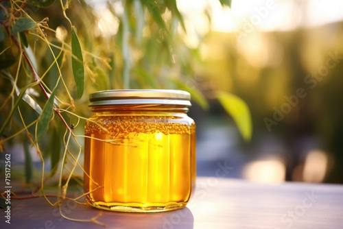 An artistic tiltshift shot capturing the mesmerizing glow of eucalyptus honey, known for its light amber color and distinctively minty undertones.