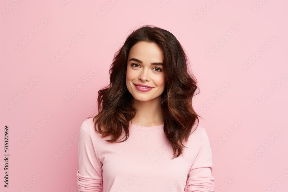 Beauty portrait of smiling young woman with long brown hair on pink background Beauty portrait of smiling young woman with long brown hair on pink background