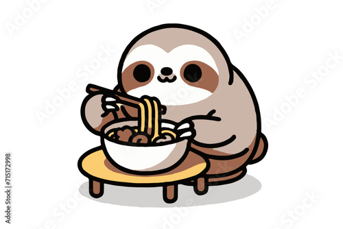 Cute sloth eating a bowl of noodles