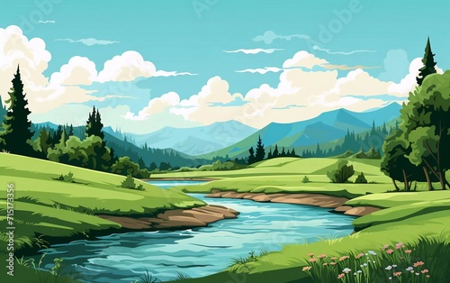 vector illustration of a very beautiful green landscape by the river