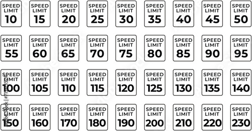 Speed limit sign set. Realistic road sign illustration. Road sign speed limit 10-230 kilometers per hour. Vector Illustration.
