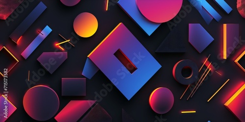 Geometric shapes intersecting in a symphony of vibrant neon hues on a dark background