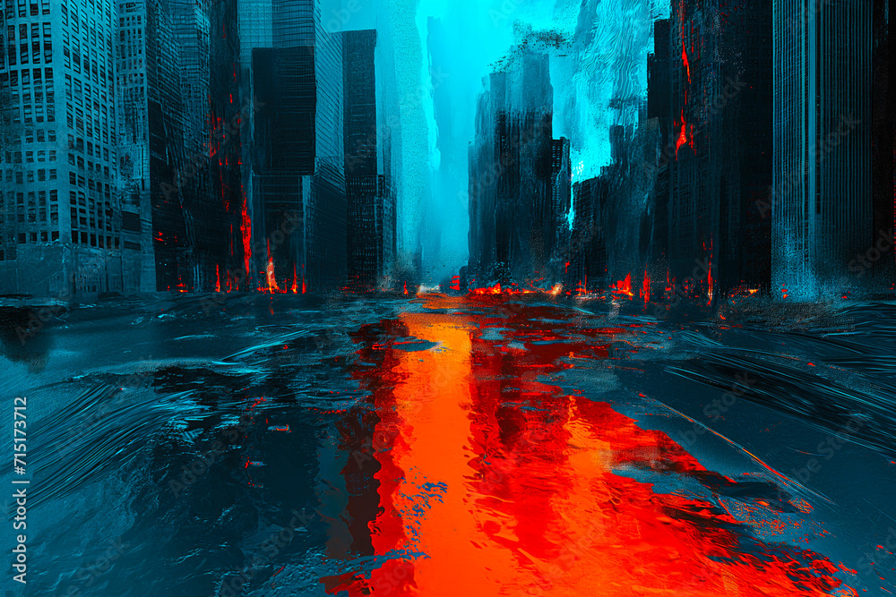 Abstract photomanipulation piece depicting city streets flooded with lava and contrasting blue & orange theme. A play on 'the floor is lava' - obrazy, fototapety, plakaty 
