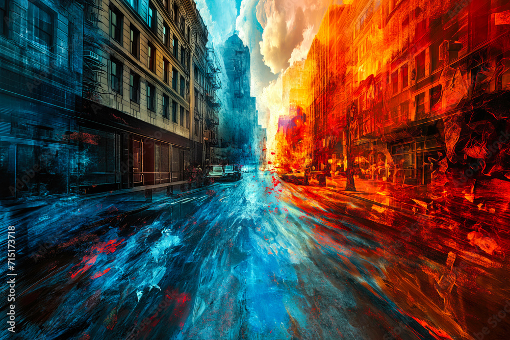 Obraz premium Abstract photomanipulation piece depicting city streets flooded with lava and contrasting blue & orange theme. A play on 'the floor is lava'