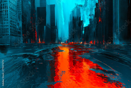 Abstract photomanipulation piece depicting city streets flooded with lava and contrasting blue & orange theme. A play on 'the floor is lava' photo