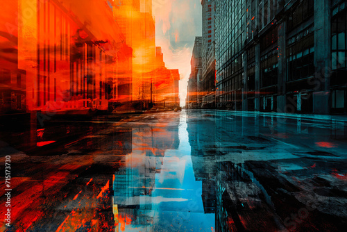 Abstract photomanipulation piece depicting city streets flooded with lava and contrasting blue   orange theme. A play on  the floor is lava 