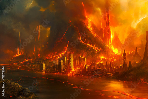 City being overflowed with lava, apocalyptic theme