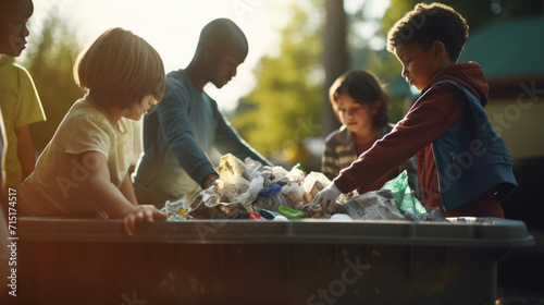 Children sorting recyclables at local community center photo