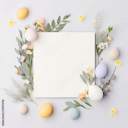 White blank paper greeting card with pastel Easter eggs and decorations, Easter mock up photo