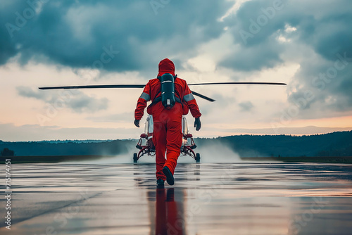 Helicopter emergency medical service. Paramedic running to helicopter on heliport photo