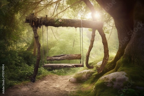 Wooden swing in a magical forest. Generative AI