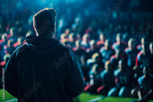 Inspiring high school football coach delivering a passionate speech, promoting leadership and motivation to a captivated sports team