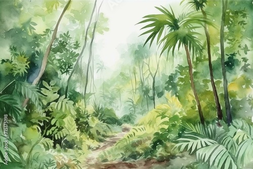 Vivid tropical scenery in watercolor  a lush isolated jungle with woodland landscape and green forest. Generative AI