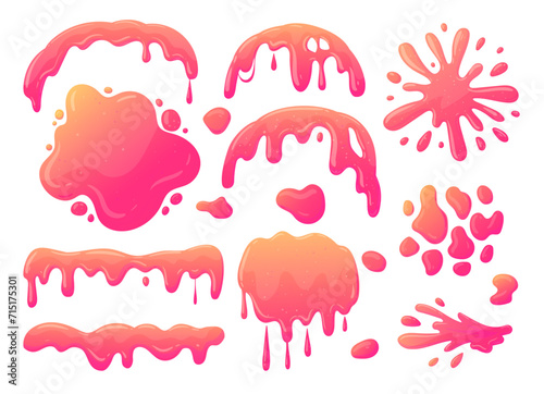 Slime splashes. Jelly dripping spots, goo sticky liquid slime blobs, jello borders and frames flat vector illustration set. Mucus splatters