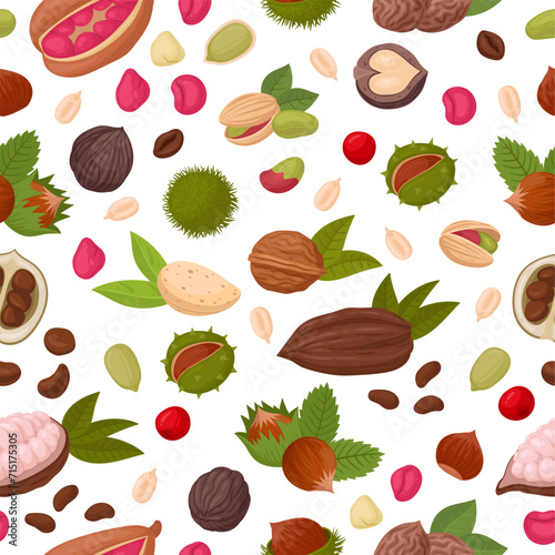 Fototapeta Naklejka Na Ścianę i Meble -  Nuts pattern. Seeds and nuts seamless design, almond, peanut, walnut and macadamia print. Nuts and seeds endless flat vector background illustration