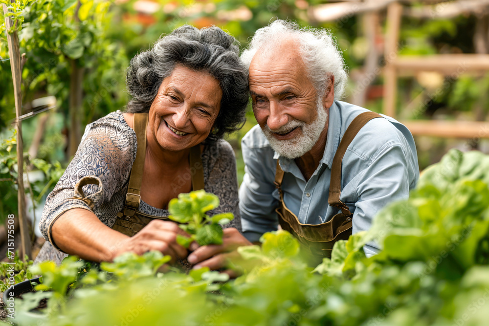 Portrait of diverse senior couple taking care of vegetable plants in backyard urban garden Portrait of diverse senior couple taking care of vegetable plants in backyard urban garden