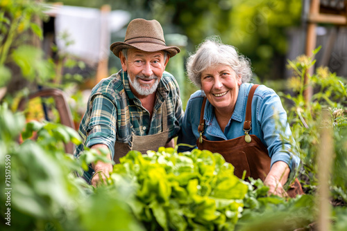 Portrait of senior couple taking care of vegetable plants in urban garden