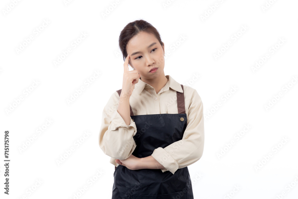Portrait of young asian barista woman wearing apron gesture doubt and thinking idea isolated white background, waitress or entrepreneur thought and curious, small business or startup, waiter of cafe. Portrait of young asian barista woman wearing apron gesture doubt and thinking idea isolated white background, waitress or entrepreneur thought and curious, small business or startup, waiter of cafe.