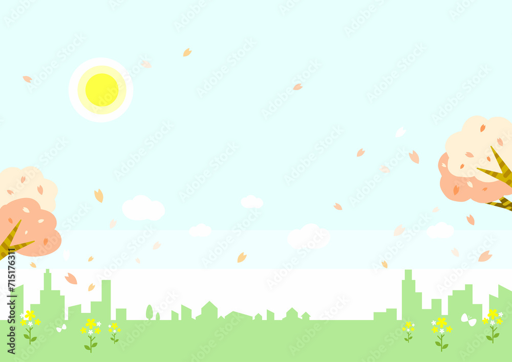春の背景素材　都市　桜　菜の花　シンプルでお洒落な背景イラスト