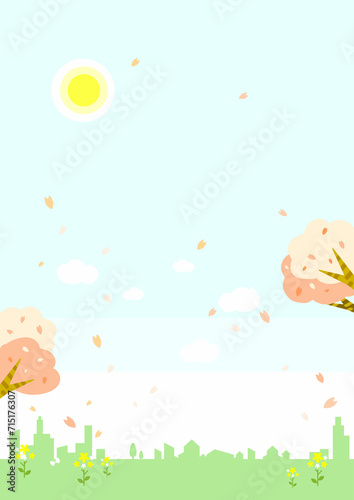 春の背景素材　都市　桜　菜の花　シンプルでお洒落な背景イラスト