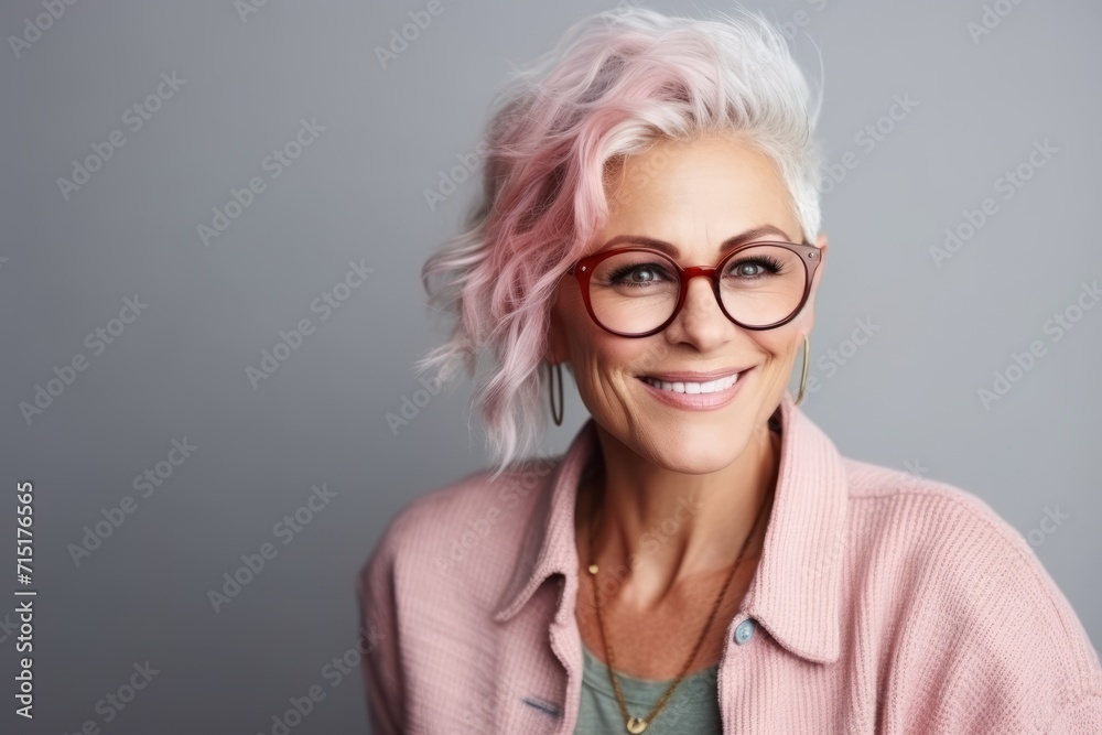 Smiling hipster woman with pink hair wearing glasses looking at camera
