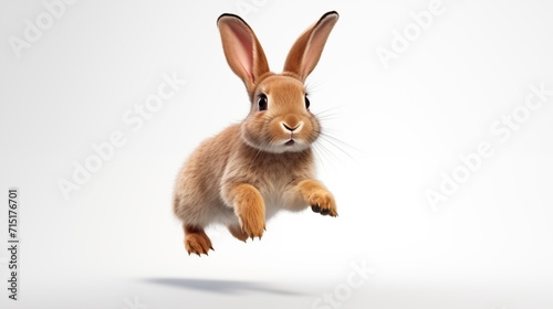 Fat Brown rabbit jump on a white background. AI Generative.